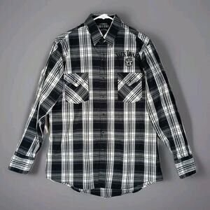 Jack Daniels Shirt Men Medium Black Pearl Snap Plaid Embroidered Logo Western